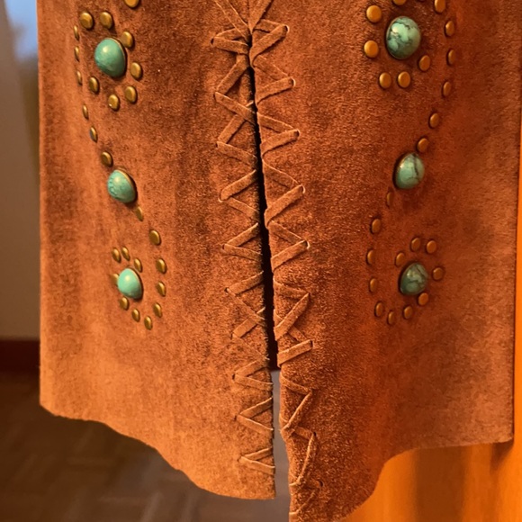 1990s High-waisted Western Suede Pants with Turquoise and Metal Studs - Picture 2 of 10